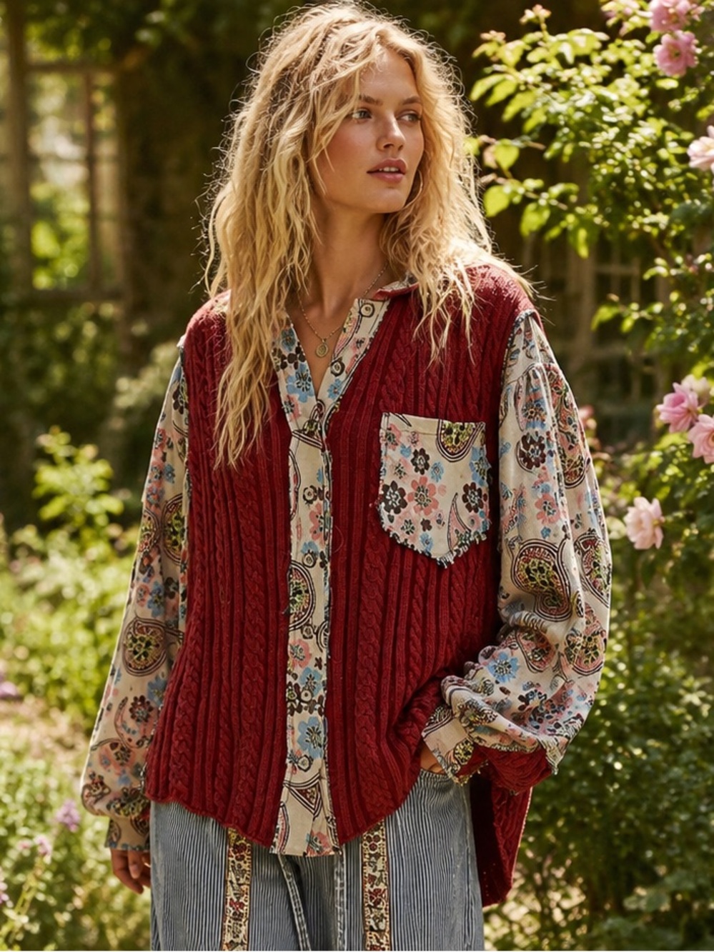 POL M Collared Paisley Jacquard A-Line Top